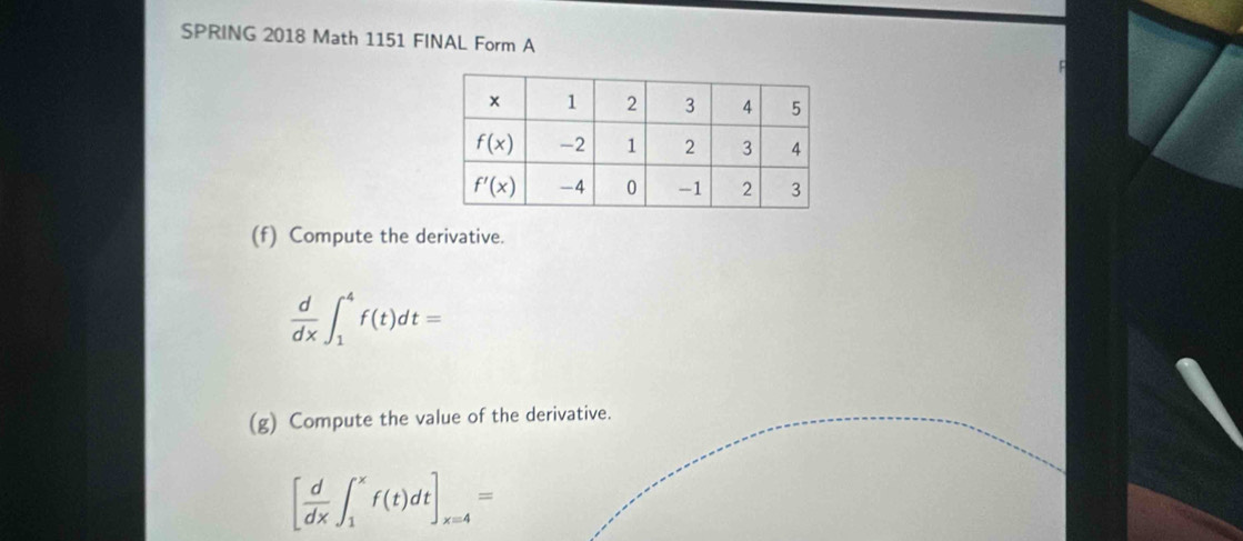 SPRING 2018 Math 1151 FINAL Form A
(f) Compute the derivative.
 d/dx ∈t _1^(4f(t)dt=
(g) Compute the value of the derivative.
[frac d)dx∈t _1^(xf(t)dt]_x=4)=