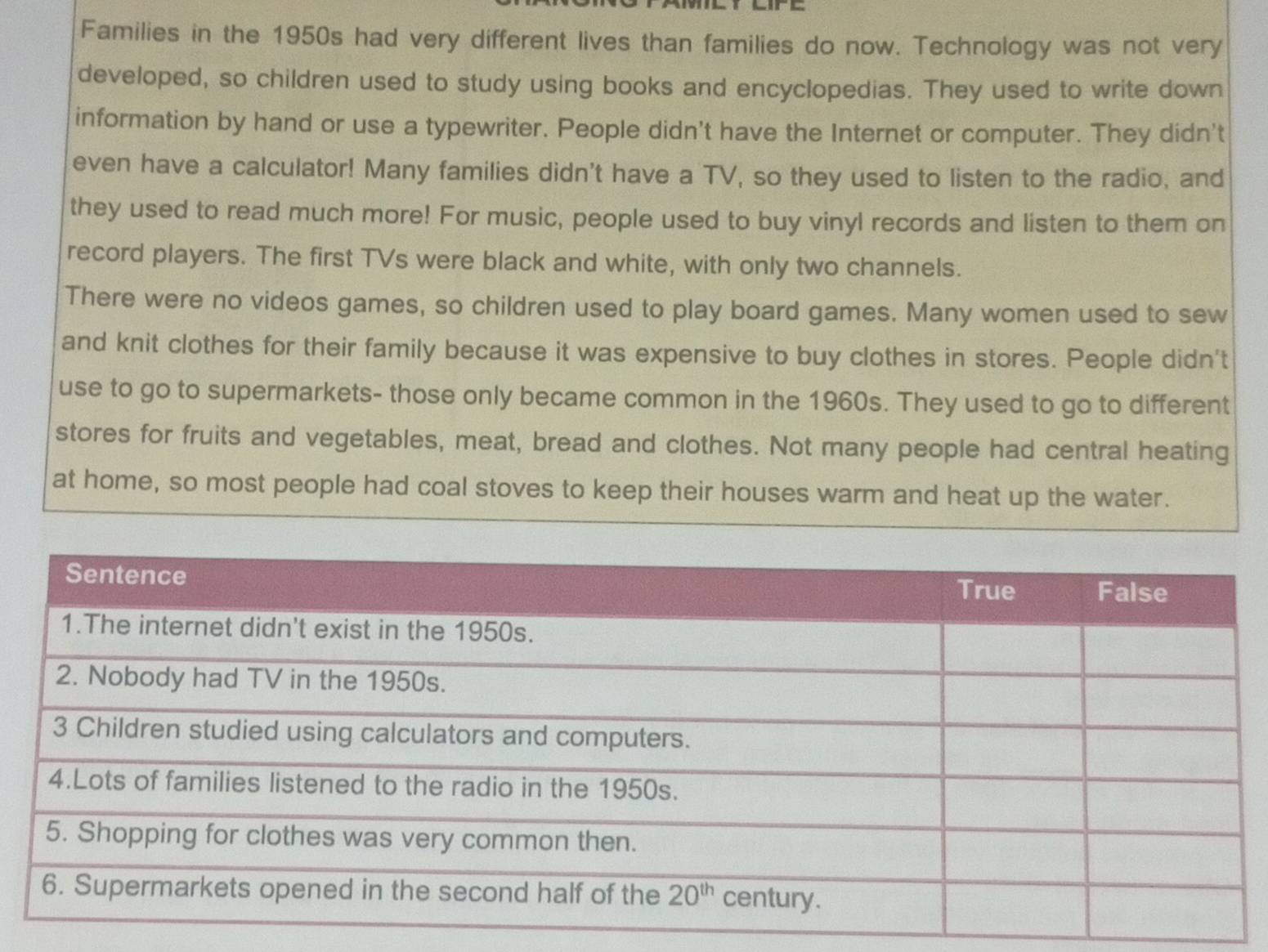 Families in the 1950s had very different lives than families do now. Technology was not very
developed, so children used to study using books and encyclopedias. They used to write down
information by hand or use a typewriter. People didn't have the Internet or computer. They didn't
even have a calculator! Many families didn't have a TV, so they used to listen to the radio, and
they used to read much more! For music, people used to buy vinyl records and listen to them on
record players. The first TVs were black and white, with only two channels.
There were no videos games, so children used to play board games. Many women used to sew
and knit clothes for their family because it was expensive to buy clothes in stores. People didn't
use to go to supermarkets- those only became common in the 1960s. They used to go to different
stores for fruits and vegetables, meat, bread and clothes. Not many people had central heating
at home, so most people had coal stoves to keep their houses warm and heat up the water.