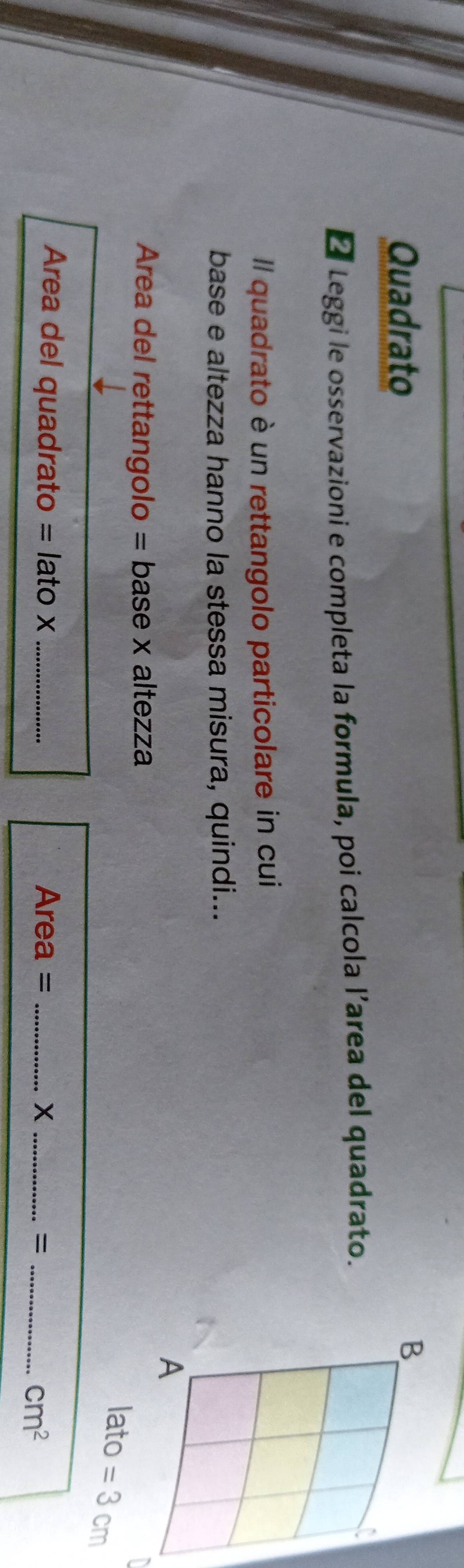 Quadrato
* Leggi le osservazioni e completa la formula, poi calcola l’area del quadrato.
Il quadrato è un rettangolo particolare in cui
base e altezza hanno la stessa misura, quindi...
Area del rettangolo = base x altezza
Area del quadrato = lato x __Area = _x _=_
cm^2