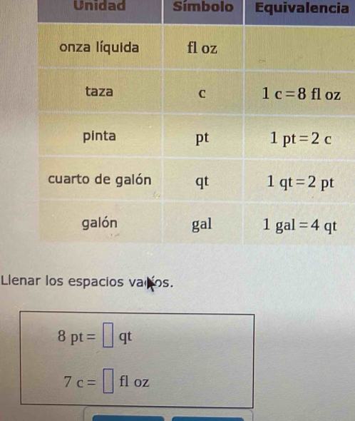 Unidad Símbolo Equivalencia
Llenar los espacios vaços.
8pt=□ qt
7c=□ floz