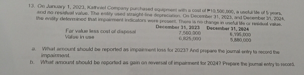 On January 1, 2023, Kathniel Company purchased equipment with a cost of 10,500,000, a useful life of 5 years, 
and no residual vafue. The entity used straight-line depreciation. On December 31, 2023, and December 31, 2024, 
the entity determined that impairment indicators were present. There is no change in useful life or residual value. 
December 31, 2023 December 31, 2024 
Far value less cost of disposal 7,560,000
Value in use 6,825,000 6,195,000 5,B80,000
a. What arount should be reported as impairment loss for 2023? And prepare the journal entry to record the 
impairment 
b. What amount should be reported as gain on reversal of impairment for 2024? Prepare the joumal entry to record.