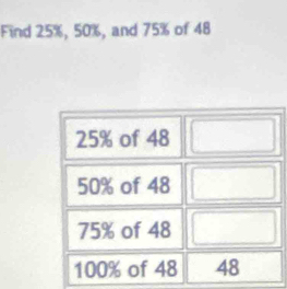 Find 25%, 50%, and 75% of 48