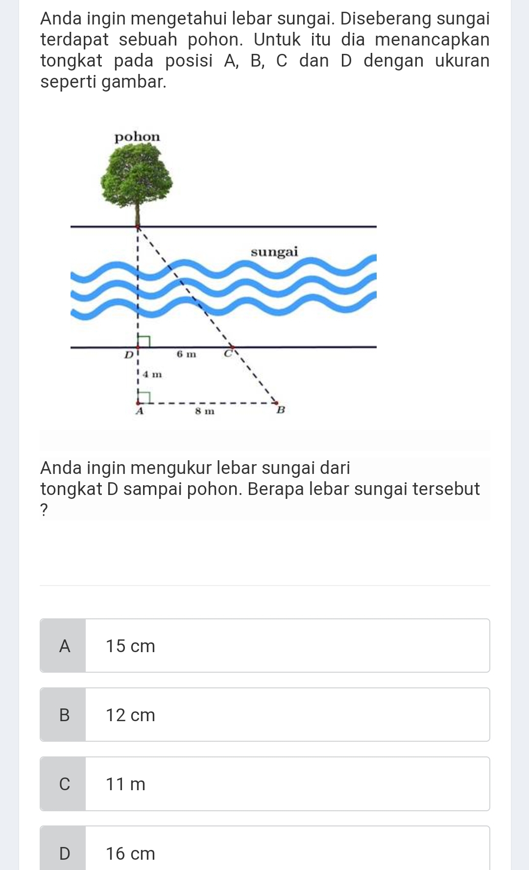 Anda ingin mengetahui lebar sungai. Diseberang sungai
terdapat sebuah pohon. Untuk itu dia menancapkan
tongkat pada posisi A, B, C dan D dengan ukuran
seperti gambar.
Anda ingin mengukur lebar sungai dari
tongkat D sampai pohon. Berapa lebar sungai tersebut
?
A 15 cm
B 12 cm
C 11 m
D 16 cm