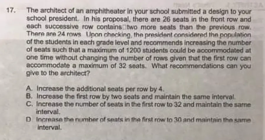Solved: The architect of an amphitheater in your school submitted a ...