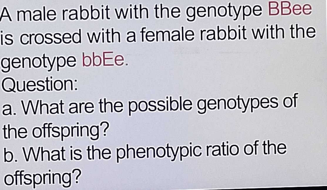 Solved: A male rabbit with the genotype BBee is crossed with a female ...