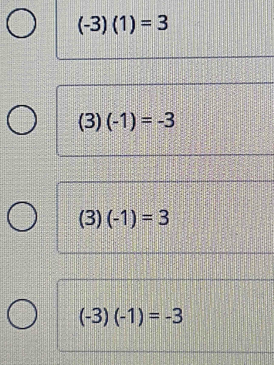 (-3)(1)=3
(3) frac 3 5 1 · endarray | (-1)=-3
(3) (-1)=3
(-3)(-1)=-3