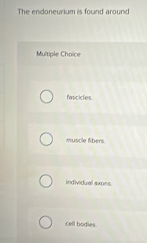 The endoneurium is found around
Multiple Choice
fascicles.
muscle fibers.
individual axons.
cell bodies.