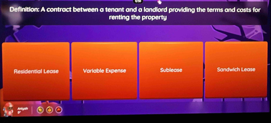 Definition: A contract between a tenant and a landlord providing the terms and costs for
renting the property
Residential Lease Variable Expense Sublease Sandwich Lease