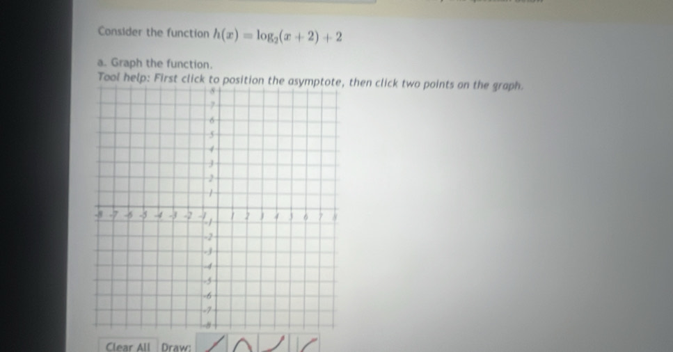 Consider the function h(x)=log _2(x+2)+2
a. Graph the function. 
Tool help: First click to position the asymptote, then click two points on the graph. 
Clear All Draw: