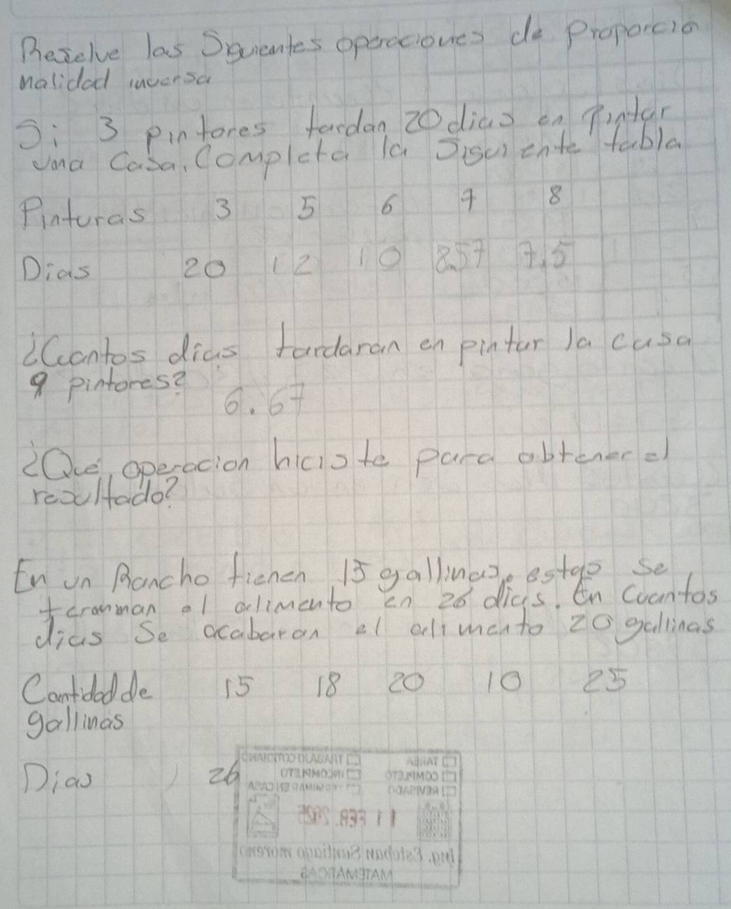 Peselve las Squentes operaciones de Proporcio 
Malidad iUcrsa 
J: 3 pintores fardan 20 diao on pintú? 
dana Casa, Completa la Jisu ihte tabla 
Pinturas 3 5 6
8
Dias 20 (2 10857
iContos dias fardaran en pintar Ja cusa
9 pintores? 6. 67
20ce, opesacion hiciote pard obtenere 
reoulfado? 
En un Rancho fiencn 15 galliuaze estge se 
oramman ol alimento in 20 dics, En Coantas 
dias Se ocabaron al alimento 20 gallinas 
Cantidodde 15 18 20 10 25
gallinas 
Diao 26 MaD 
orarom aoodhag modote3, enl 
AO¶ANJTAM