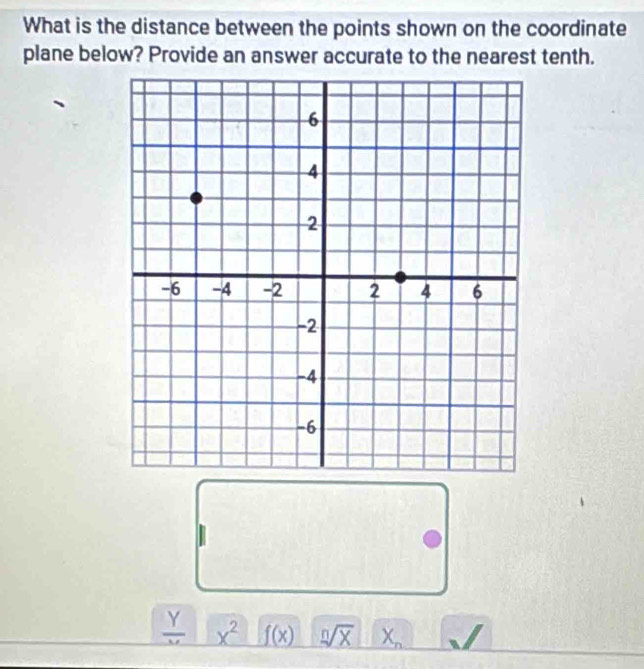 What is the distance between the points shown on the coordinate 
plane below? Provide an answer accurate to the nearest tenth.
frac Y x^2 f(x) sqrt[n](X) X_n