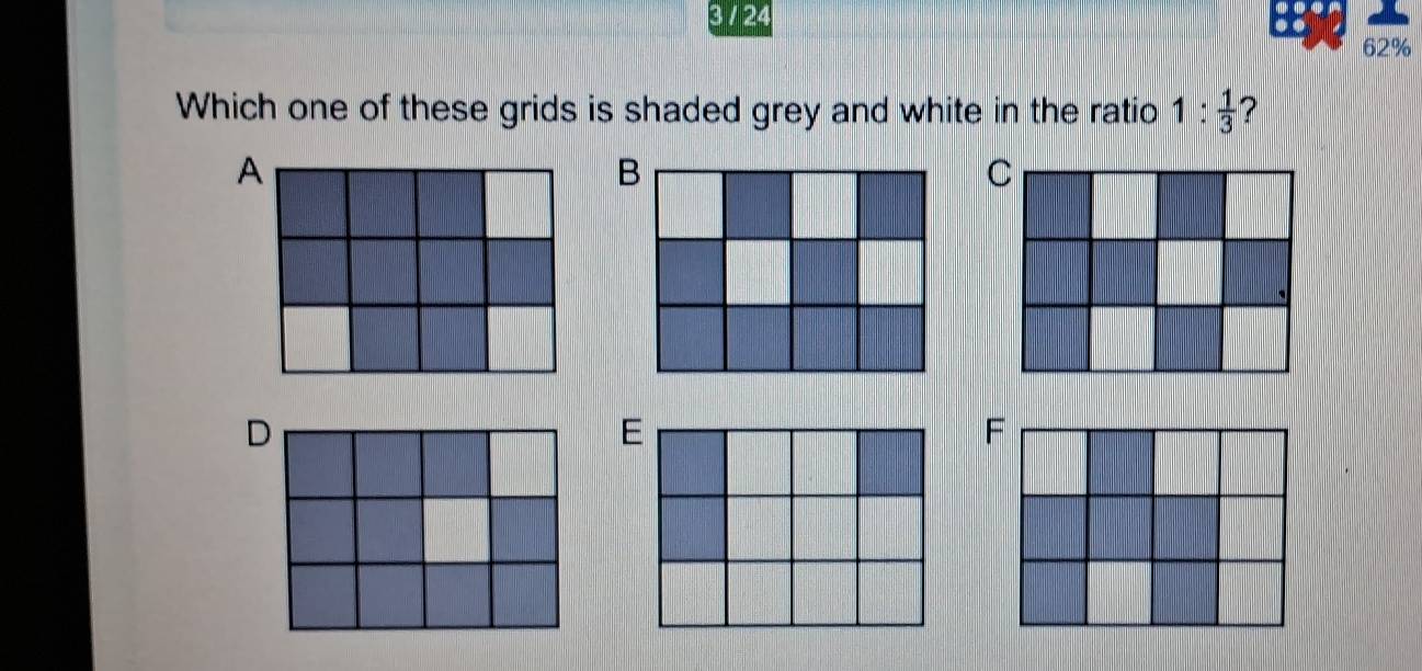 3 / 24 
..
62%
Which one of these grids is shaded grey and white in the ratio 1: 1/3  ?