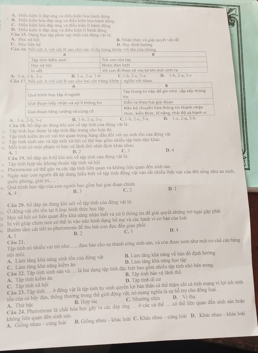 A. Điều kiện lí đáp ứng và điều kiện hóa hành động
B. Điều kiện hóa đặp ứng và điều kiện hóa hành động
C. Điều kiện hóa đáp ứng và điều kiện lí hành động
D. Điều kiện lí đáp ứng và điều kiện lí hành động
Câu 15. Dạng học tập phức tạp nhất của động vật là:
A. Học xã hội B. Nhận thức và giải quyết vẫn đề
C. Học liên hệ D. Học định hướng
Cầu 16. Nổi cột A với cột B sao cho các vi dụ trùng khớp với tên của chúng.
A
A
Câu 18. Số đáp án đúng khi nói về tập tính của động vật là:
Tập tính học được là tập tính đặc trưng cho loài đó
2  Tập tính kiểm ăn có vai trò quan trọng hàng đầu đổi với sự sinh tồn của động vật
)  Tập tính sinh sản và tập tính xã hội có thể bao gồm nhiều tập tính nhỏ khác
4 Mỗi loài có một phạm vi bảo vệ lãnh thổ nhất định khác nhau
A. 1 B. 2 C. 3 D. 4
Câu 19. Số đáp án SAI khi nói về tập tính của động vật là:
Tập tính hợp tác không thuộc tập tính xã hội
2)  Pheromone có thể gây ra các tập tính liên quan và không liên quan đến sinh sản
Ngày nay con người đã áp dụng hiều biết về tập tính động vật vào rất nhiều lĩnh vực của đời sống như an ninh,
quốc phòng, giải trí,.
4) Quá trình học tập của con người bao gồm hai giai đoạn chính D. 1
A. 4 B. 3 C. 2
Câu 20. Số đáp án đúng khi nói về tập tính của động vật là:
D Ở động vật chi tồn tại 6 loại hình thức học tập
2 Học xã hội có liên quan đến khả năng nhận biết và xử lí thông tin để giải quyết những trở ngại gặp phải
3)  In vết giúp chim non có thể in vào não hình dạng bố mẹ và các hành vi cơ bản của loài
4) Bướm tằm cái tiết ra pheromone để thu hút con đực đến giao phối
A. 1 B. 2 C. 3 D. 4
Câu 21.
Tập tính có nhiều vai trò như ..., đảm bảo cho sự thành công sinh sản, và còn được xem như một cơ chế cân bằng
nội môi.
A. Làm tăng khả năng sinh tồn của động vật B. Làm tăng khả năng về bản đồ định hướng
C. Làm tăng khả năng kiểm ăn D. Làm tăng khả năng học tập
Câu 22. Tập tính sinh sản và ... là hai dạng tập tính đặc biệt bao gồm nhiều tập tính nhỏ bên trong.
A. Tập tính kiểm ăn B. Tập tính bảo vệ lãnh thổ
C. Tập tính xã hội D. Tập tính di cư
Câu 23. Tập tính .. ở động vật là tập tính hy sinh quyền lợi bản thân cá thể thậm chí cả tính mạng vì lợi ích sinh
tồn của cả bầy đàn, thông thường trong thế giới động vật, nó mang nghĩa là sự hỗ trợ cho đồng loại.
A. Thứ bậc B. Hợp tác C. Nhường nhịn D. Vị tha
Câu 24. Pheromone là chất hóa học gây ra các đáp ứng ... ở các cá thể ... có thể liên quan đến sinh sản hoặc
không liên quan đến sinh sản.
A. Giống nhau - cùng loài B. Giống nhau - khác loài C. Khác nhau - cùng loài D. Khác nhau - khác loài