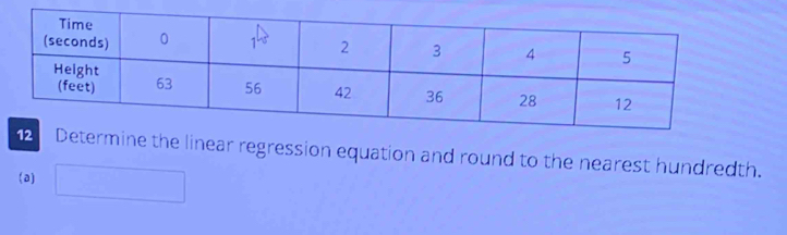 mine the linear regression equation and round to the nearest hundredth. 
(a) □