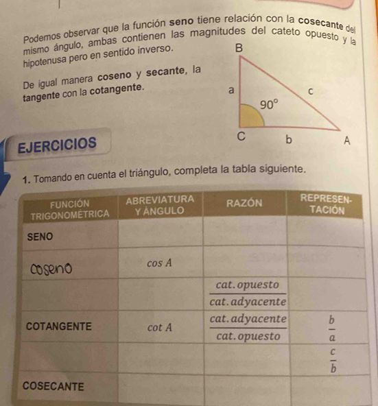 Podemos observar que la función seno tiene relación con la cosecante del
mismo ángulo, ambas contienen las magnitudes del cateto opuesto y la
hipotenusa pero en sentido inverso. 
De igual manera coseno y secante, la
tangente con la cotangente.
EJERCICIOS
ndo en cuenta el triángulo, completa la tabla siguiente.