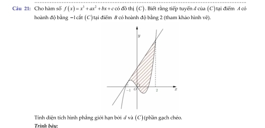 Cho hàm số f(x)=x^3+ax^2+bx+cc6dθ thị (C). Biết rằng tiếp tuyến đ của (C) tại điểm A có 
hoành độ bằng =1 cắt (C) tại điểm B có hoành độ bằng 2 (tham khảo hình vẽ). 
Tính diện tích hình phẳng giới hạn bởi d và (C) (phần gạch chéo. 
Trình bày: