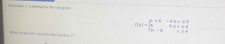 A function f is defined by the rule given.
f(x)=beginarrayl x+4,-4≤ x≤ 0 4,0≤ x≤ 4 3x-8,x≥ 4endarray.
Which graph best matches the function ƒ?