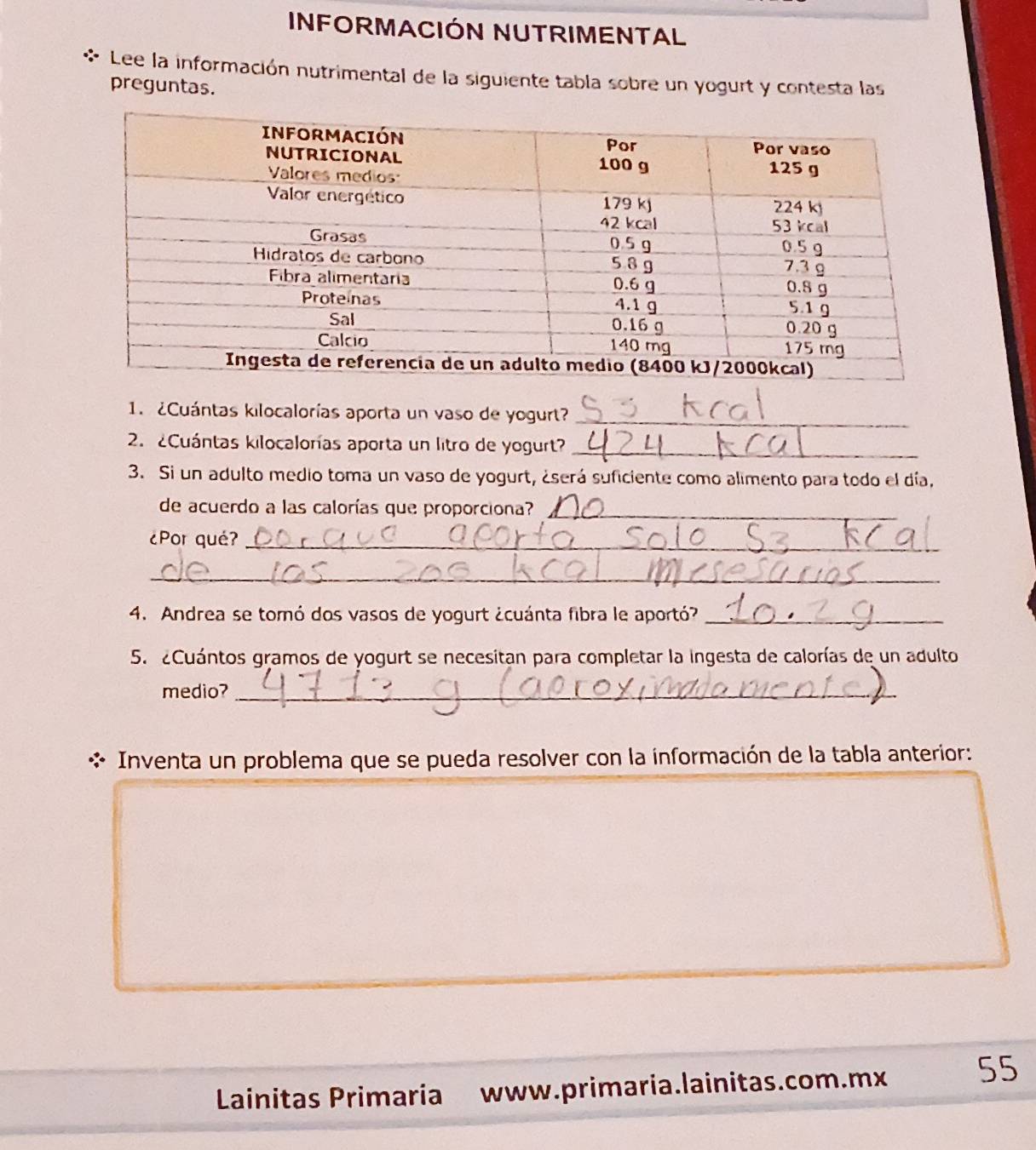 INFORMACIÓN NUTRIMENTAL 
Lee la información nutrimental de la siguiente tabla sobre un yogurt y contesta las 
preguntas. 
1. ¿Cuántas kilocalorías aporta un vaso de yogurt?_ 
2. ¿Cuántas kilocalorías aporta un litro de yogurt?_ 
3. Si un adulto medio toma un vaso de yogurt, ¿será suficiente como alimento para todo el día, 
de acuerdo a las calorías que proporciona?_ 
¿Por qué?_ 
_ 
4. Andrea se tomó dos vasos de yogurt ¿cuánta fibra le aportó?_ 
5. ¿Cuántos gramos de yogurt se necesitan para completar la ingesta de calorías de un adulto 
medio?_ 
* Inventa un problema que se pueda resolver con la información de la tabla anterior: 
Lainitas Primaria www.primaria.lainitas.com.mx 55