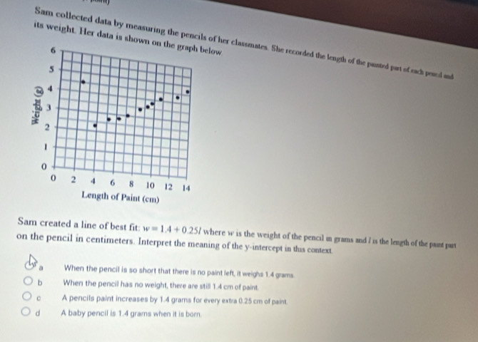its weight. Her data is sholow
Sam collected data by measuring the pencils of her classmates. She recorded the length of the painted part of each pene and
Sam created a line of best fit: w=1.4+0.25l where w is the weight of the pencil in grams and / is the length of the paint part
on the pencil in centimeters. Interpret the meaning of the y-intercept in this context.
a When the pencil is so short that there is no paint left, it weighs 1.4 grams.
b When the pencil has no weight, there are still 1.4 cm of paint.
c A pencils paint increases by 1.4 grams for every extra 0.25 cm of paint.
d A baby pencil is 1.4 grams when it is born.