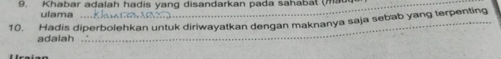 Khabar adalah hadis yang disandarkan pada sahabat (mad 
ulama 
10. Hadis diperbolehkan untuk diriwayatkan dengan maknanya saja sebab yang terpenting 
adalah