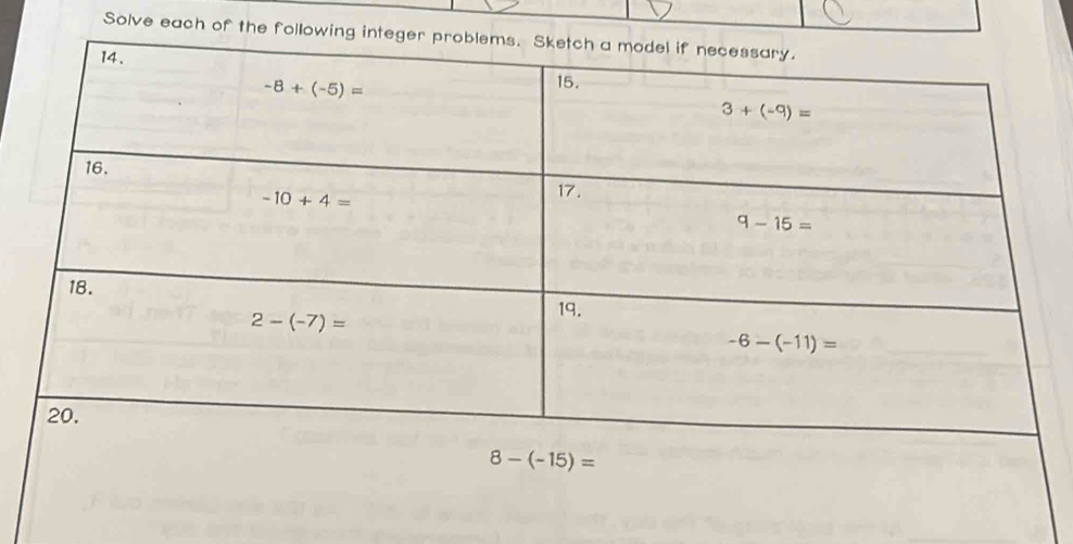 Solve each of the fo
8-(-15)=