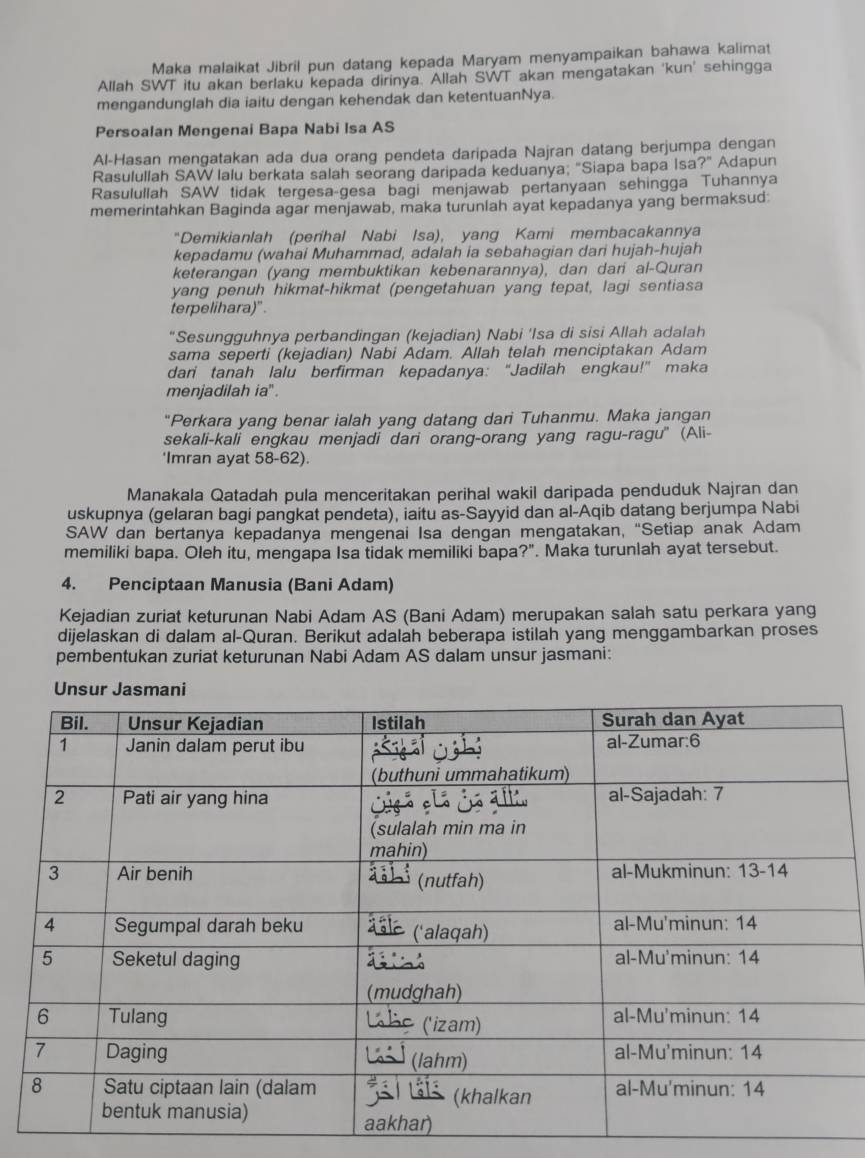 Maka malaikat Jibril pun datang kepada Maryam menyampaikan bahawa kalimat
Allah SWT itu akan berlaku kepada dirinya. Allah SWT akan mengatakan 'kun' sehingga
mengandunglah dia iaitu dengan kehendak dan ketentuanNya.
Persoalan Mengenai Bapa Nabi Isa AS
Al-Hasan mengatakan ada dua orang pendeta daripada Najran datang berjumpa dengan
Rasulullah SAW lalu berkata salah seorang daripada keduanya; "Siapa bapa Isa?" Adapun
Rasulullah SAW tidak tergesa-gesa bagi menjawab pertanyaan sehingga Tuhannya
memerintahkan Baginda agar menjawab, maka turunlah ayat kepadanya yang bermaksud:
"Demikianlah (perihal Nabi Isa), yang Kami membacakannya
kepadamu (wahai Muhammad, adalah ia sebahagian dari hujah-hujah
keterangan (yang membuktikan kebenarannya), dan dari al-Quran
yang penuh hikmat-hikmat (pengetahuan yang tepat, lagi sentiasa
terpelihara)".
"Sesungguhnya perbandingan (kejadian) Nabi 'Isa di sisi Allah adalah
sama seperti (kejadian) Nabi Adam. Allah telah menciptakan Adam
dari tanah lalu berfirman kepadanya: “Jadilah engkau!” maka
menjadilah ia".
“Perkara yang benar ialah yang datang dari Tuhanmu. Maka jangan
sekali-kali engkau menjadi dari orang-orang yang ragu-ragu'' (Ali-
'Imran ayat 58-62).
Manakala Qatadah pula menceritakan perihal wakil daripada penduduk Najran dan
uskupnya (gelaran bagi pangkat pendeta), iaitu as-Sayyid dan al-Aqib datang berjumpa Nabi
SAW dan bertanya kepadanya mengenai Isa dengan mengatakan, “Setiap anak Adam
memiliki bapa. Oleh itu, mengapa Isa tidak memiliki bapa?". Maka turunlah ayat tersebut.
4. Penciptaan Manusia (Bani Adam)
Kejadian zuriat keturunan Nabi Adam AS (Bani Adam) merupakan salah satu perkara yang
dijelaskan di dalam al-Quran. Berikut adalah beberapa istilah yang menggambarkan proses
pembentukan zuriat keturunan Nabi Adam AS dalam unsur jasmani: