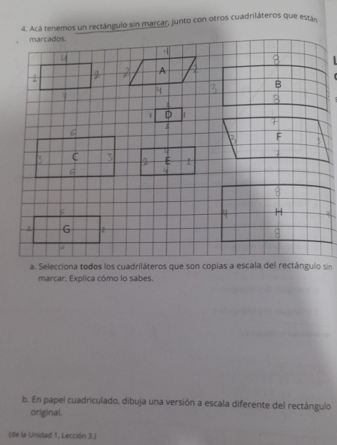 Acá tenemos un rectángulo sin marcar, junto con otros cuadriláteros que estás 
marcar. Explica cómo lo sabes. 
b. En papel cuadriculado, dibuja una versión a escala diferente del rectángulo 
original. 
(de la Unidad 1, Lección 3.)