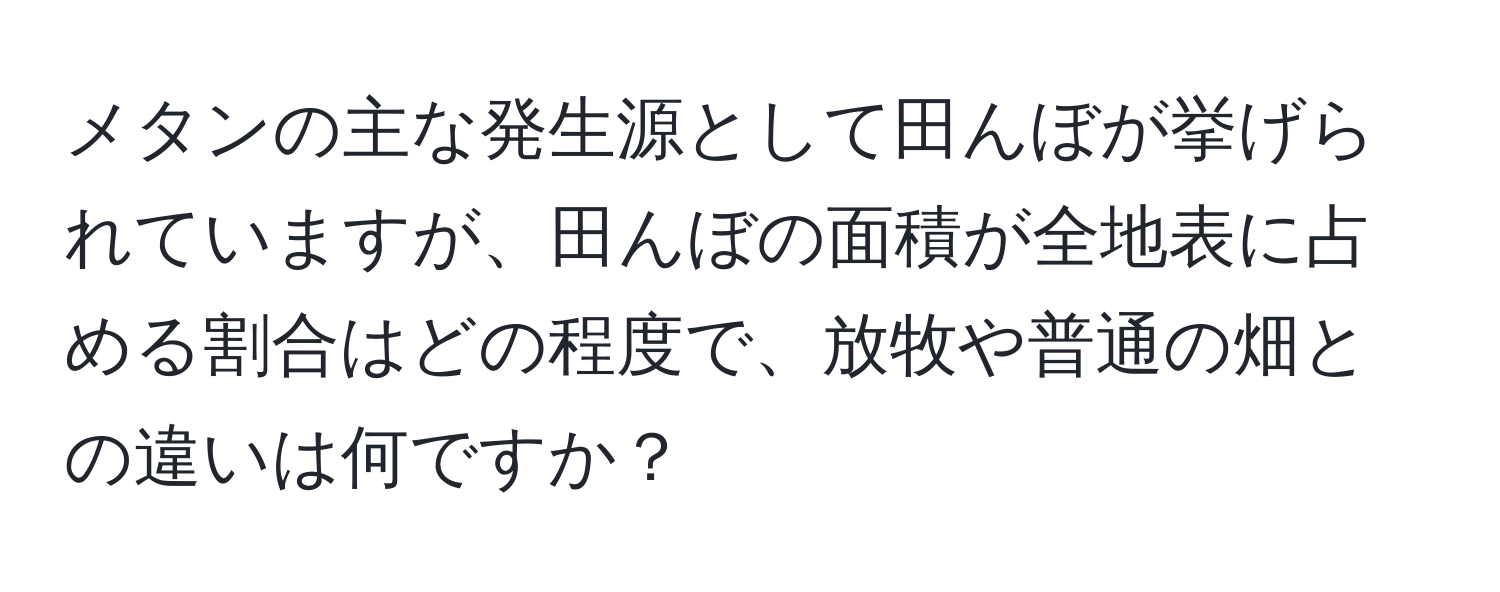 メタンの主な発生源として田んぼが挙げられていますが、田んぼの面積が全地表に占める割合はどの程度で、放牧や普通の畑との違いは何ですか？