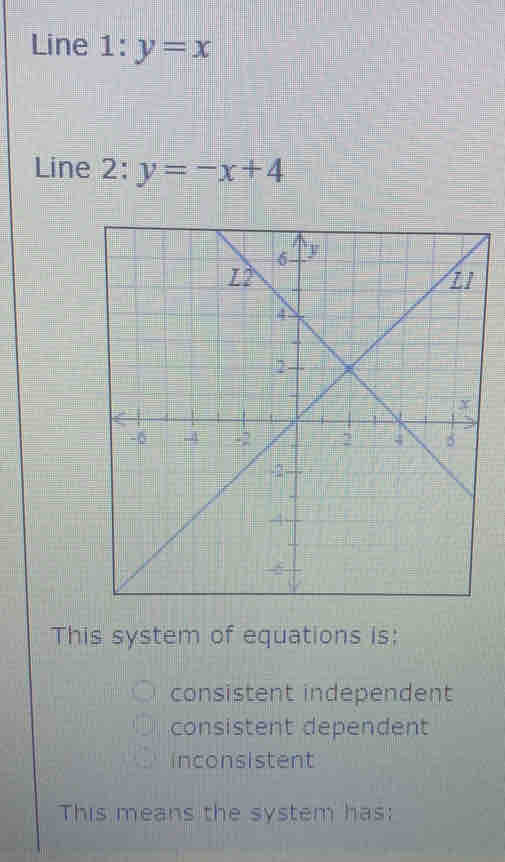 Line 1:y=x
Line 2:y=-x+4
This system of equations is:
consistent independent
consistent dependent
inconsistent
This means the system has: