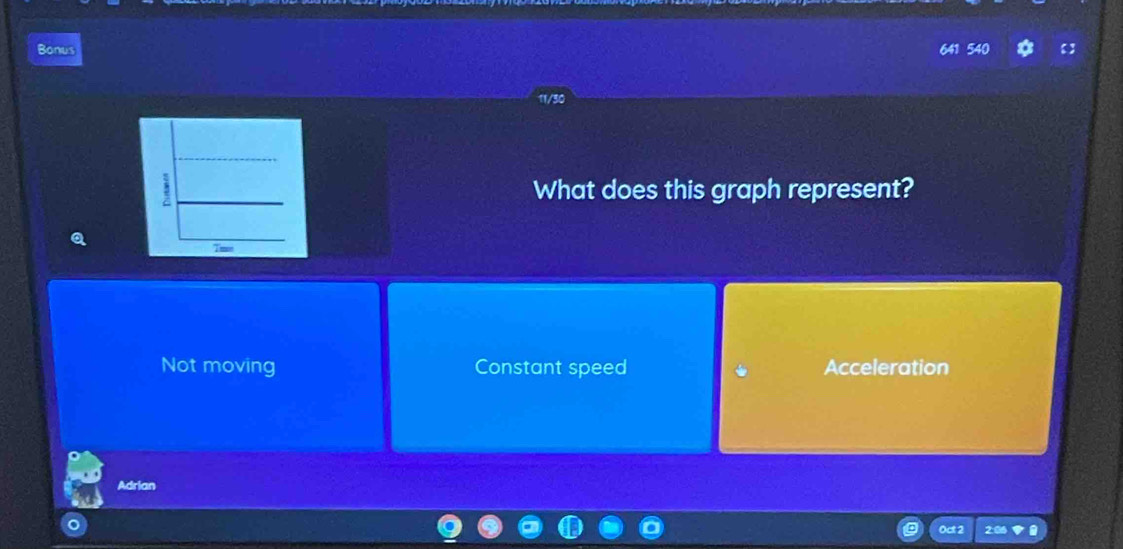 Bonus 540
11/30
What does this graph represent?
Not moving Constant speed Acceleration
Adrian
0ct 2 2:06