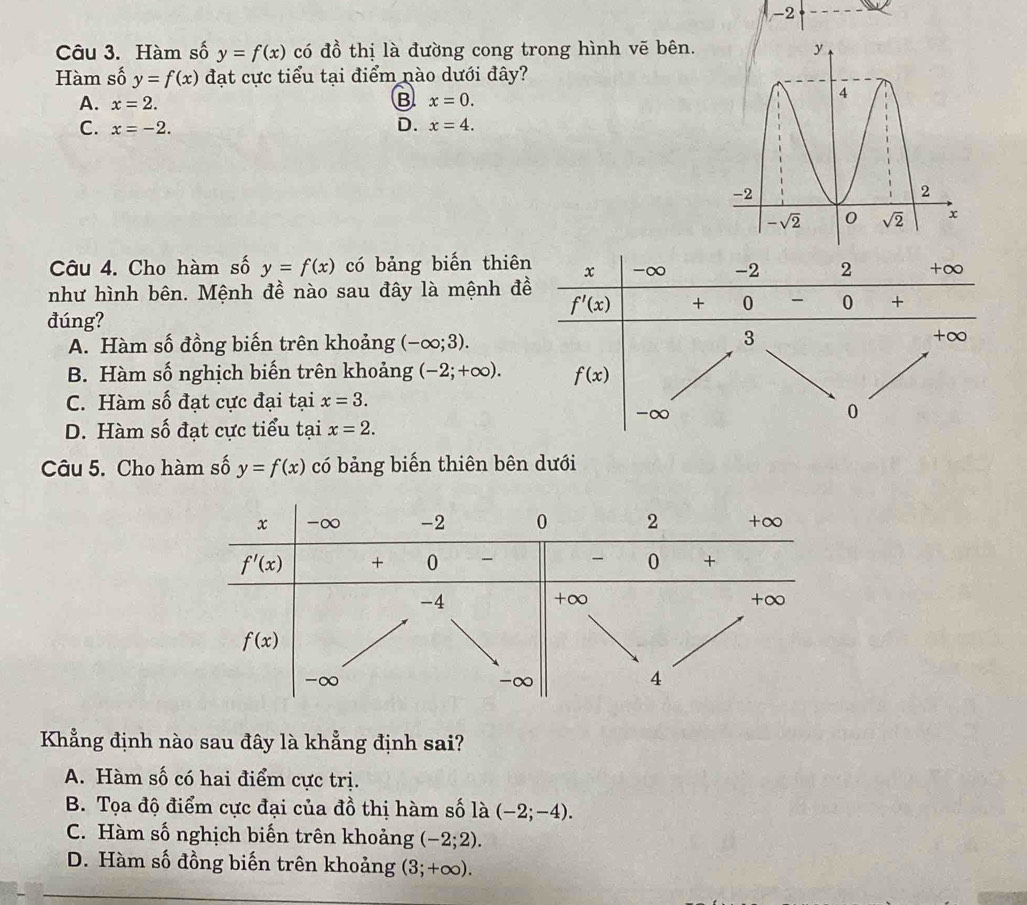 Hàm số y=f(x) có đồ thị là đường cong trong hình vẽ bên.
Hàm số y=f(x) đạt cực tiểu tại điểm nào dưới đây?
B
A. x=2. x=0.
D.
C. x=-2. x=4.
Câu 4. Cho hàm số y=f(x) có bảng biến thiê
như hình bên. Mệnh đề nào sau đây là mệnh đ
đúng?
A. Hàm số đồng biến trên khoảng (-∈fty ;3).
B. Hàm số nghịch biến trên khoảng (-2;+∈fty ).
C. Hàm số đạt cực đại tại x=3.
D. Hàm số đạt cực tiểu tại x=2.
Câu 5. Cho hàm số y=f(x) có bảng biến thiên bên dưới
Khẳng định nào sau đây là khẳng định sai?
A. Hàm số có hai điểm cực trị.
B. Tọa độ điểm cực đại của đồ thị hàm số là (-2;-4).
C. Hàm số nghịch biến trên khoảng (-2;2).
D. Hàm số đồng biến trên khoảng (3;+∈fty ).