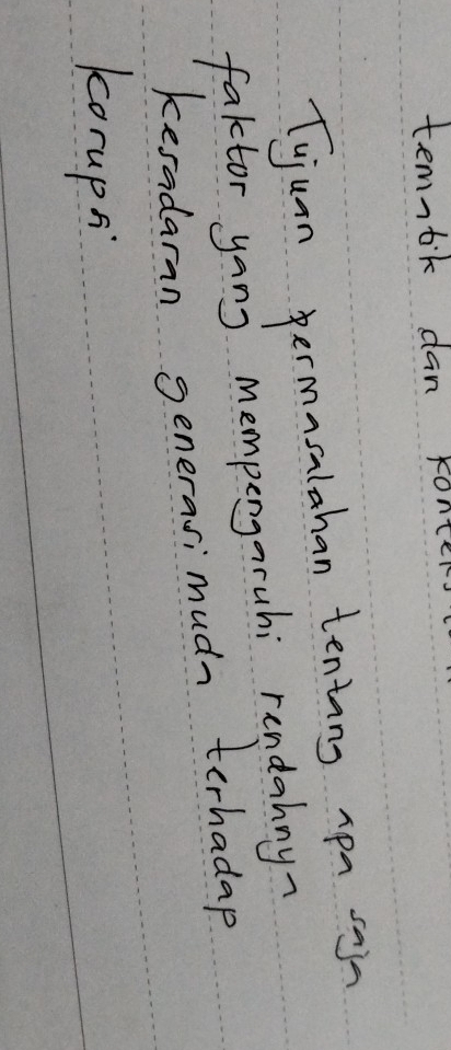 temnok dan Konter 
Tyuan permasalahan tenting pa 
faktor yang mempengaruhi rendahny? 
kesadaran generasimuda terhadap 
korups