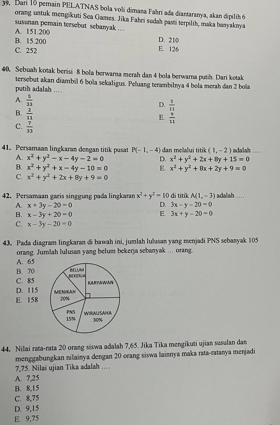 Dari 10 pemain PELATNAS bola voli dimana Fahri ada diantaranya, akan dipilih 6
orang untuk mengikuti Sea Games. Jika Fahri sudah pasti terpilih, maka banyaknya
susunan pemain tersebut sebanyak ....
A. 151.200
B. 15.200
D. 210
C. 252 E. 126
40. Sebuah kotak berisi 8 bola berwarna merah dan 4 bola berwarna putih. Dari kotak
tersebut akan diambil 6 bola sekaligus. Peluang terambilnya 4 bola merah dan 2 bola
putih adalah …
A.  5/33 
D.  5/11 
B.  2/11 
E.  9/11 
C.  7/33 
41. Persamaan lingkaran dengan titik pusat P(-1,-4) dan melalui titik (1,-2) adalah ……
A. x^2+y^2-x-4y-2=0 D. x^2+y^2+2x+8y+15=0
B. x^2+y^2+x-4y-10=0 E. x^2+y^2+8x+2y+9=0
C. x^2+y^2+2x+8y+9=0
42. Persamaan garis singgung pada lingkaran x^2+y^2=10 di titik A(1,-3) adalah …
A. x+3y-20=0 D. 3x-y-20=0
B. x-3y+20=0 E. 3x+y-20=0
C. x-3y-20=0
43. Pada diagram lingkaran di bawah ini, jumlah lulusan yang menjadi PNS sebanyak 105
orang. Jumlah lulusan yang belum bekerja sebanyak ... orang.
A. 65
B. 70
C. 85
D. 115
E. 158
44. Nilai rata-rata 20 orang siswa adalah 7,65. Jika Tika mengikuti ujian susulan dan
menggabungkan nilainya dengan 20 orang siswa lainnya maka rata-ratanya menjadi
7,75. Nilai ujian Tika adalah …
A. 7,25
B. 8,15
C. 8,75
D. 9,15
E. 9,75