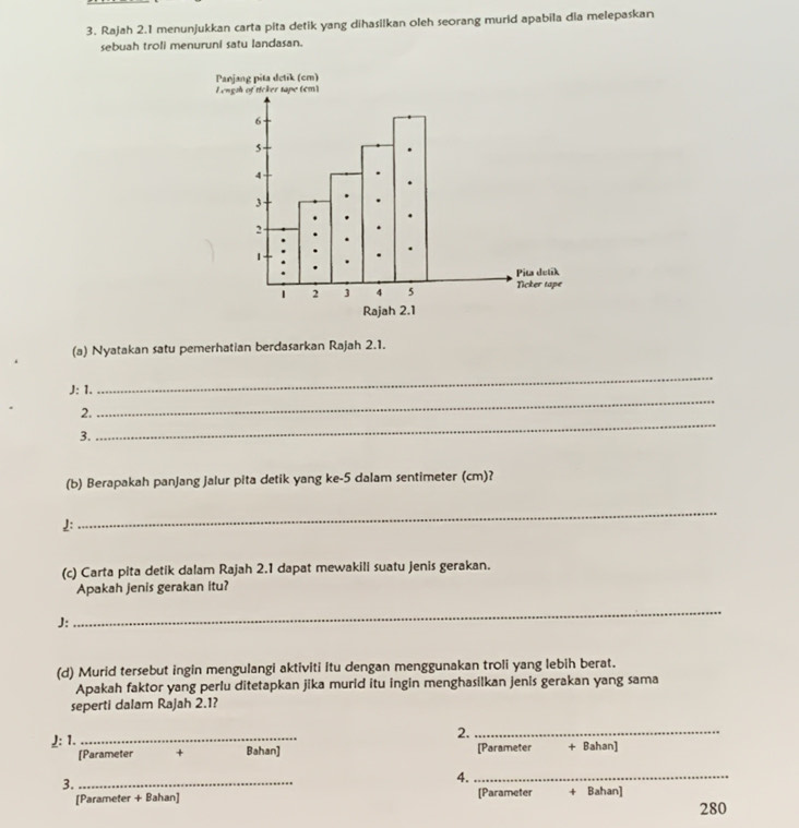 Rajah 2.1 menunjukkan carta pita detik yang dihasilkan oleh seorang murid apabila dia melepaskan 
sebuah troli menuruni satu Iandasan. 
(a) Nyatakan satu pemerhatian berdasarkan Rajah 2.1. 
_ 
_ 
J: 1. 
_ 
2. 
3. 
(b) Berapakah panjang jalur pita detik yang ke-5 dalam sentimeter (cm)? 
J: 
_ 
(c) Carta pita detik dalam Rajah 2.1 dapat mewakili suatu jenis gerakan. 
Apakah jenis gerakan itu? 
J: 
_ 
(d) Murid tersebut ingin mengulangi aktiviti itu dengan menggunakan troli yang lebih berat. 
Apakah faktor yang perlu ditetapkan jika murid itu ingin menghasilkan jenis gerakan yang sama 
seperti dalam Rajah 2.1? 
_ 
2._ 
!: 1. + Bahan] 
[Parameter + Bahan] [Parameter 
3._ 
4._ 
[Parameter + Bahan] [Parameter + Bahan]
280