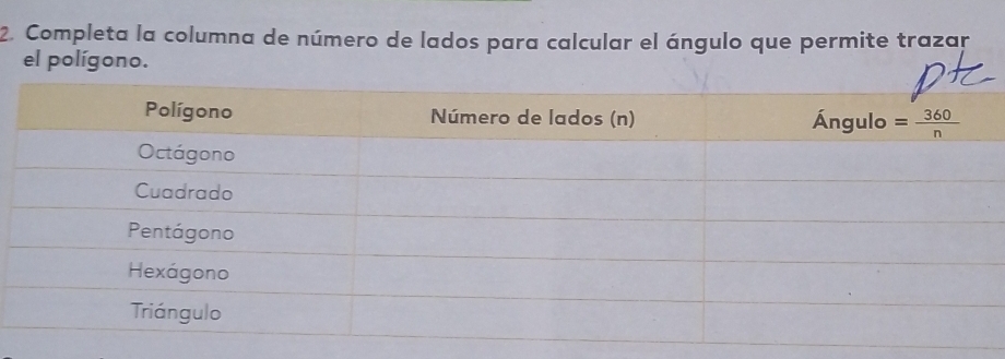 Completa la columna de número de lados para calcular el ángulo que permite trazar
el polígono.