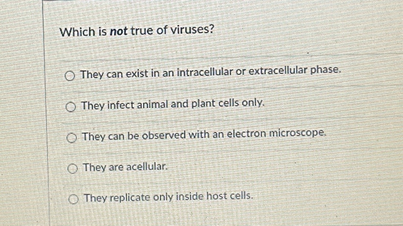 Which is not true of viruses?
They can exist in an intracellular or extracellular phase.
They infect animal and plant cells only.
They can be observed with an electron microscope.
They are acellular.
They replicate only inside host cells.