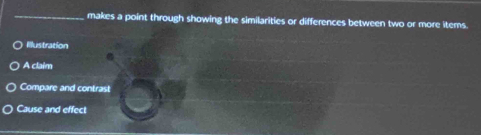 makes a point through showing the similarities or differences between two or more items. 
Illustration 
. 
A claim 
Compare and contrast 
Cause and effect