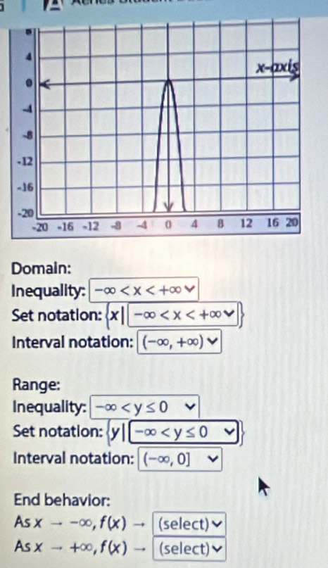 Domain: 
Inequality: -∈fty
Set notation: x|-∈fty
Interval notation: (-∈fty ,+∈fty ) , 
Range: 
Inequality: -∈fty
Set notation: y|-∈fty
Interval notation: (-∈fty ,0]
End behavior: 
ts xto -∈fty , f(x) (select) 
As xto +∈fty , f(x) (select)