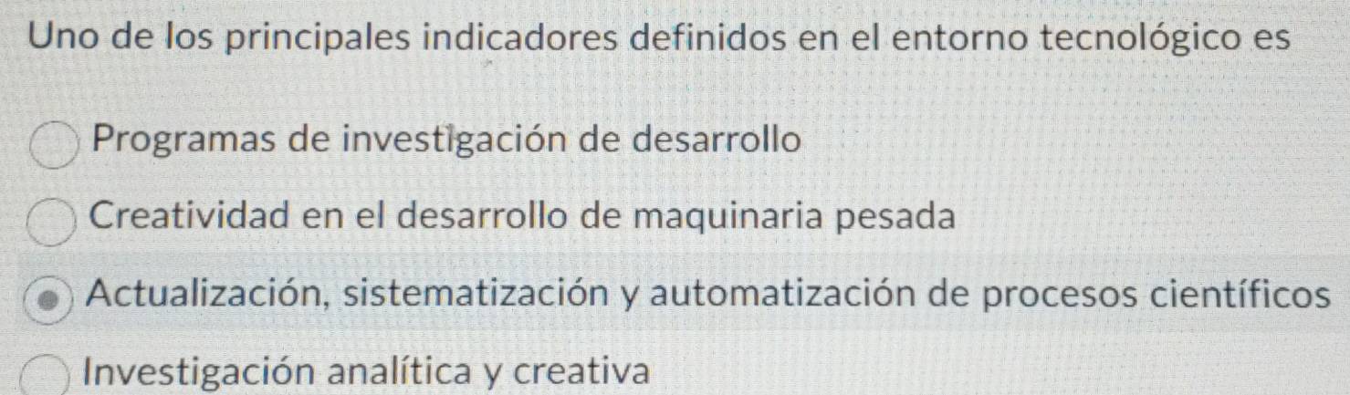 Uno de los principales indicadores definidos en el entorno tecnológico es
Programas de investigación de desarrollo
Creatividad en el desarrollo de maquinaria pesada
Actualización, sistematización y automatización de procesos científicos
Investigación analítica y creativa