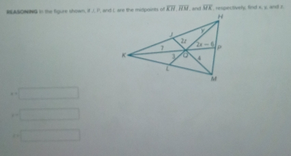 REASONING in the figure shown. varnothing ⊥ beta , and I are the midpoints of overline KH,overline HM , and overline MK , respectively; find x, y, and z