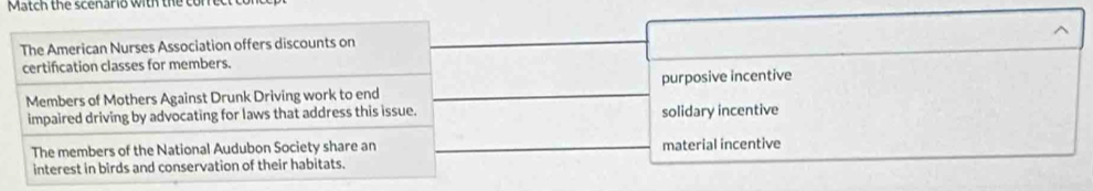Match the scenario with the corre
The American Nurses Association offers discounts on
certification classes for members.
Members of Mothers Against Drunk Driving work to end purposive incentive
impaired driving by advocating for laws that address this issue. solidary incentive
The members of the National Audubon Society share an material incentive
interest in birds and conservation of their habitats.