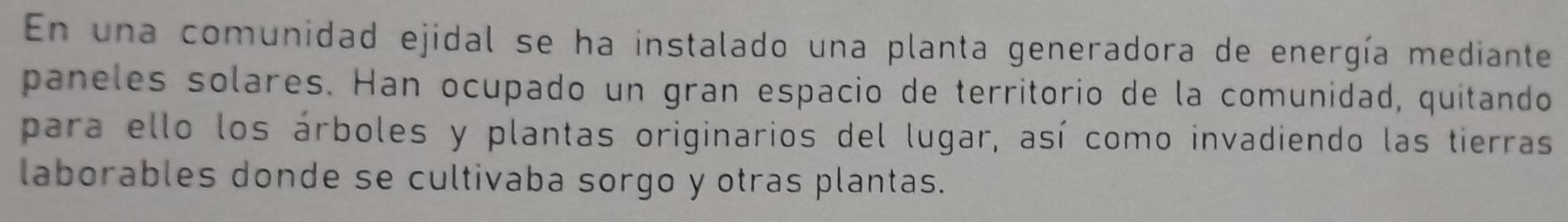 En una comunidad ejidal se ha instalado una planta generadora de energía mediante 
paneles solares. Han ocupado un gran espacio de territorio de la comunidad, quitando 
para ello los árboles y plantas originarios del lugar, así como invadiendo las tierras 
laborables donde se cultivaba sorgo y otras plantas.