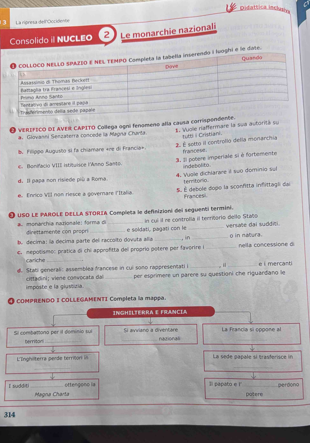 C1
Didattica inclusiva
3 La ripresa dell'Occidente
Consolido il NUCLEO 2 Le monarchie nazionali
le date.
2 VERIFICO DI AVER CAPITO Collega ogni fenomeno alla causa corrispond
a. Giovanni Senzaterra concede la Magna Charta. 1. Vuole riaffermare la sua autorità su
tutti i Cristiani.
b. Filippo Augusto si fa chiamare «re di Francia». 2. È sotto il controllo della monarchia
francese.
3. Il potere imperiale si è fortemente
c. Bonifacio VIII istituisce l’Anno Santo.
indebolito.
4. Vuole dichiarare il suo dominio sul
d. Il papa non risiede più a Roma.
territorio.
e. Enrico VII non riesce a governare l’Italia. 5. È debole dopo la sconfitta inflittagli dai
Francesi.
❸ USO LE PAROLE DELLA STORIA Completa le definizioni dei seguenti termini.
a. monarchia nazionale: forma di _in cui il re controlla il territorio dello Stato
direttamente con propri _e soldati, pagati con le _versate dai sudditi.
b. decima: la decima parte del raccolto dovuta alla _, in _o in natura.
c. nepotismo: pratica di chi approfitta del proprio potere per favorire i_ nella concessione di
cariche_
d. Stati generali: assemblea francese in cui sono rappresentati i _, i _e i mercanti
cittadini; viene convocata dal _per esprimere un parere su questioni che riguardano le
imposte e la giustizia.
COMPRENDO I COLLEGAMENTI Completa la mappa.
INGHILTERRA E FRANCIA
Si combattono per il dominio sui Si avviano a diventare La Francia si oppone al
territori_ _nazionali
_
L'Inghilterra perde territori in La sede papale si trasferisce in
_
_
I sudditi _ottengono la Il papato e l'_ perdono
Magna Charta potere
314