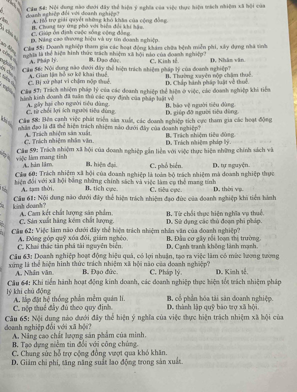 ach 
a  Câu 54: Nội dung nào dưới đây thể hiện ý nghĩa của việc thực hiện trách nhiệm xã hội của
doanh nghiệp đổi với doanh nghiệp?
văn A. Hỗ trợ giải quyết những khỏ khăn của cộng đồng.
B. Chung tay ứng phó với biển đổi khí hậu.
í chú C. Giúp ổn định cuộc sống cộng đồng.
D. Nâng cao thương hiệu và uy tín doanh nghiệp.
ao độn  Câu 55: Doanh nghiệp tham gia các hoạt động khám chữa bệnh miễn phí, xây dựng nhà tình
nghĩa là thể hiện hình thức trách nhiệm xã hội nào của doanh nghiệp?
còng A. Pháp lý. B. Đạo đức. C. Kinh tế. D. Nhân văn.
Câu 56: Nội dung nào dưới đây thể hiện trách nhiệm pháp lý của doanh nghiệp?
nghiệ Gi cho A. Gian lận hồ sơ kê khai thuế,
B. Thường xuyên nộp chậm thuế.
C. Bị xử phạt vì chậm nộp thuế. D. Chấp hành pháp luật về thuế.
tiêué nghia  Câu 57: Trách nhiệm pháp lý của các doanh nghiệp thể hiện ở việc, các doanh nghiệp khi tiến
hành kinh doanh đã tuân thủ các quy định của pháp luật về
A. gây hại cho người tiêu dùng. B. bảo vệ người tiêu dùng.
C. từ chối lợi ích người tiêu dùng. D. giúp đỡ người tiêu dùng.
khi t
Câu 58: Bên cạnh việc phát triển sản xuất, các doanh nghiệp tích cực tham gia các hoạt động
nhân đạo là đã thể hiện trách nhiệm nào dưới đây của doanh nghiệp?
A. Trách nhiệm sản xuất. B. Trách nhiệm tiêu dùng.
C. Trách nhiệm nhân văn. D. Trách nhiệm pháp lý.
Câu 59: Trách nhiệm xã hội của doanh nghiệp gắn liền với việc thực hiện những chính sách và
lệp l việc làm mang tính
A. hàn lâm. B. hiện đại. C. phổ biến. D. tự nguyện.
Câu 60: Trách nhiệm xã hội của doanh nghiệp là toàn bộ trách nhiệm mà doanh nghiệp thực
hiện đối với xã hội bằng những chính sách và việc làm cụ thể mang tính
i tiể A. tạm thời. B. tích cực. C. tiêu cực. D. thời vụ.
Câu 61: Nội dung nào dưới đây thể hiện trách nhiệm đạo đức của doanh nghiệp khi tiến hành
kinh doanh?
A. Cam kết chất lượng sản phẩm. B. Từ chối thực hiện nghĩa vụ thuế.
Téc
C. Sản xuất hàng kém chất lượng D. Sử dụng các thủ đoạn phi pháp.
Câu 62: Việc làm nào dưới đây thể hiện trách nhiệm nhân văn của doanh nghiệp?
A. Đóng góp quỹ xóa đói, giảm nghèo. B. Đầu cơ gây rối loạn thị trường.
C. Khai thác tàn phá tài nguyên biển. D. Cạnh tranh không lành mạnh.
Câu 63: Doanh nghiệp hoạt động hiệu quả, có lợi nhuận, tạo ra việc làm có mức lương tương
xứng là thể hiện hình thức trách nhiệm xã hội nào của doanh nghiệp?
A. Nhân văn. B. Đạo đức. C. Pháp lý. D. Kinh tế.
Câu 64: Khi tiến hành hoạt động kinh doanh, các doanh nghiệp thực hiện tốt trách nhiệm pháp
lý khi chủ động
A. lắp đặt hệ thống phần mềm quản lí. B. cổ phần hóa tài sản doanh nghiệp.
C. nộp thuế đầy đủ theo quy định. D. thành lập quỹ bảo trợ xã hội.
Câu 65: Nội dung nào dưới đây thể hiện ý nghĩa của việc thực hiện trách nhiệm xã hội của
doanh nghiệp đổi với xã hội?
A. Nâng cao chất lượng sản phẩm của mình.
B. Tạo dựng niềm tin đối với công chúng.
C. Chung sức hỗ trợ cộng đồng vượt qua khó khăn.
D. Giảm chi phí, tăng năng suất lao động trong sản xuất.