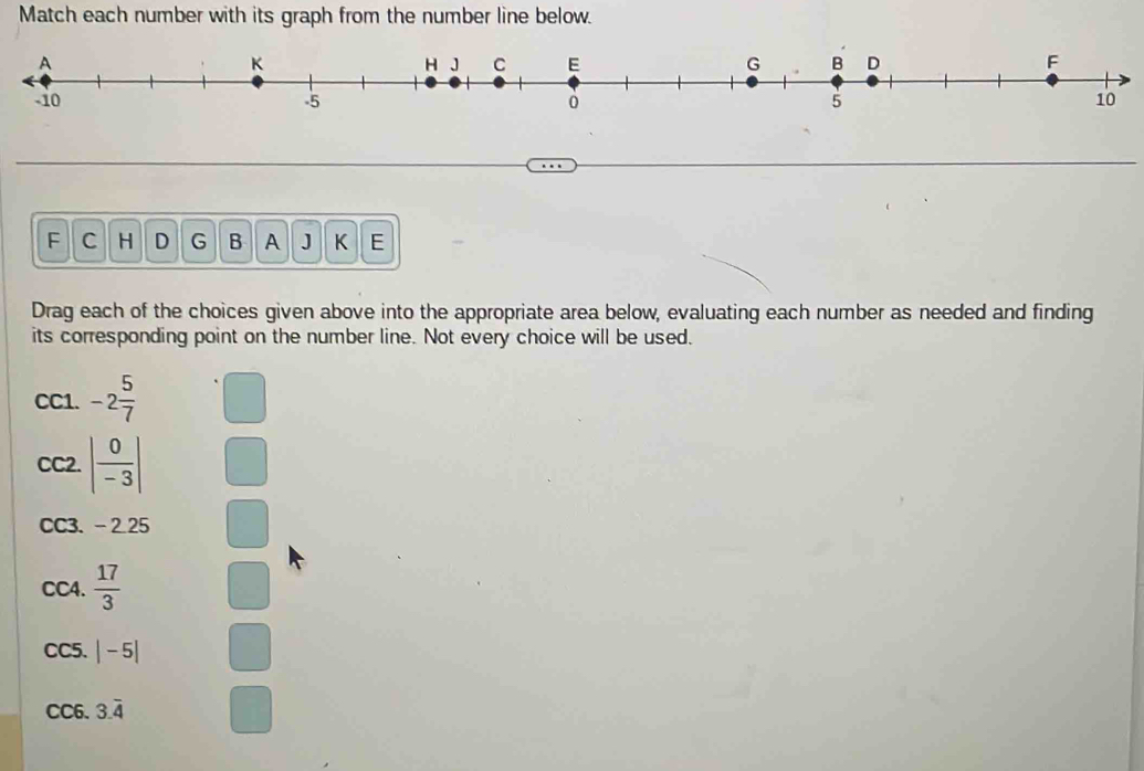 Match each number with its graph from the number line below.
F C H D G B A J K E
Drag each of the choices given above into the appropriate area below, evaluating each number as needed and finding 
its corresponding point on the number line. Not every choice will be used. 
CC1. -2 5/7 
CC2. | 0/-3 |
CC3. - 2.25°
CC4.  17/3  □ 
CC5. |-5| □ 
CC6. 3.overline 4 □