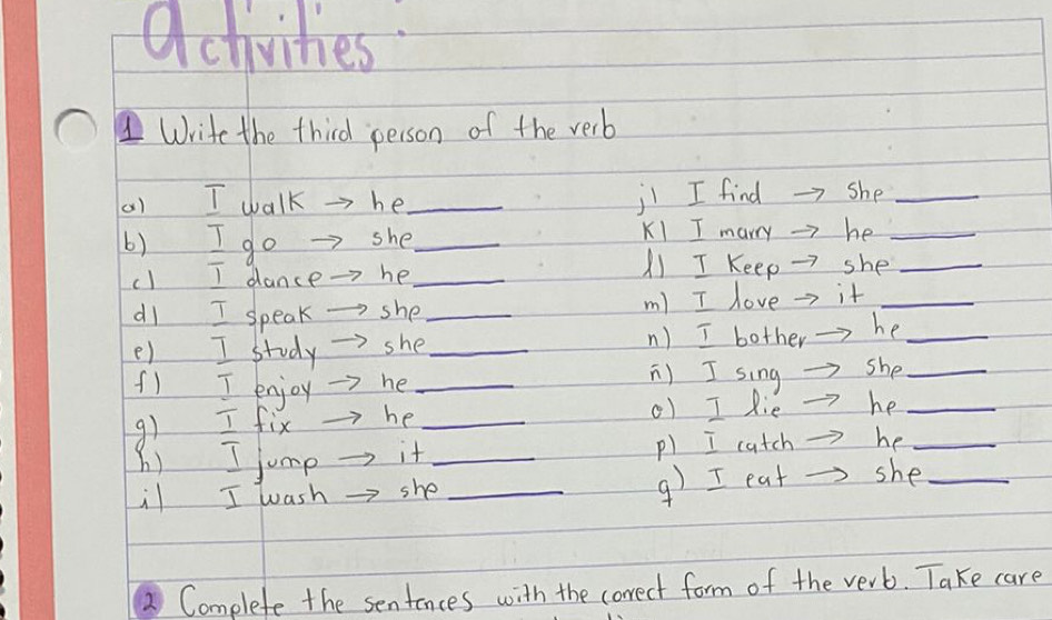 activities. 
Write the third person of the verb 
a) I walk -he_ jl I find →> she_ 
6) I go → she_ K! I mary →> he_ 
cl I dance→> he_ 
AI I Keep → she_ 
dl I speak -> she_ m) I love → it_ 
e1 I study →> she _n ) I bother→> he_ 
f1 I enjoy →> he _n) I sing →> She__ 
g) I fix →>he _01 I Rie →7 he_ 
() I jump →> it_ p) I catch →> he_ 
i I wash →> she _g) I eat →> she 
② Complete the sentances with the correct form of the verb. Take care