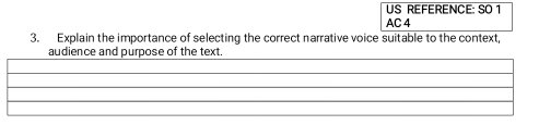 US REFERENCE: SO 1 
AC 4 
3. Explain the importance of selecting the correct narrative voice suitable to the context, 
audience and purpose of the text.