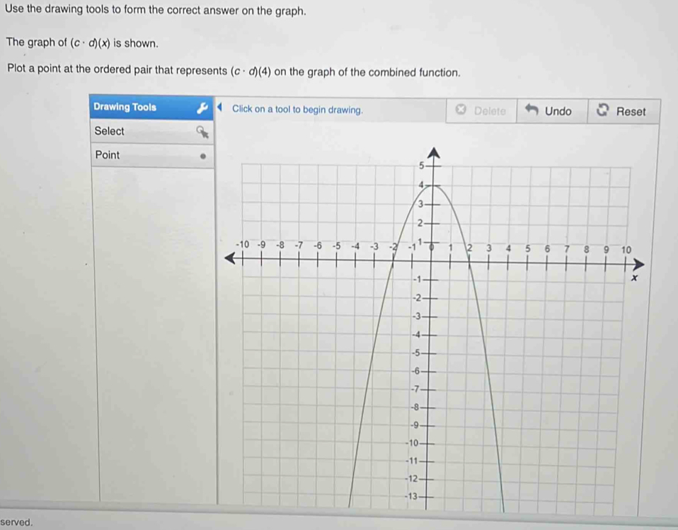 Use the drawing tools to form the correct answer on the graph. 
The graph of (c· d)(x) is shown. 
Plot a point at the ordered pair that represents (c· d)(4) on the graph of the combined function. 
Drawing Tools Click on a tool to begin drawing. Delete Undo Reset 
Select 
Point 
served.