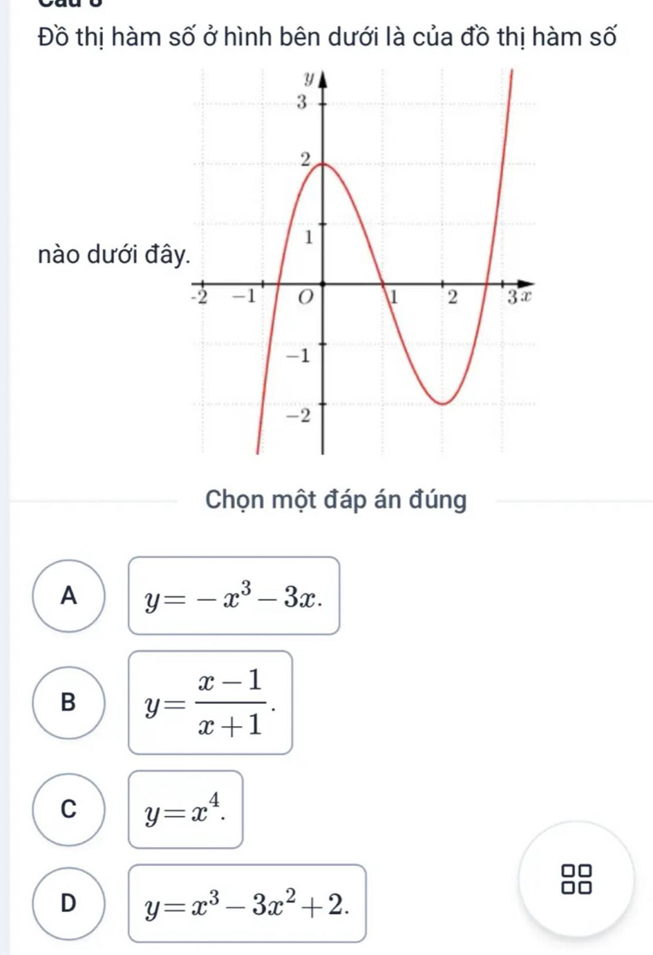 Đồ thị hàm số ở hình bên dưới là của đồ thị hàm số
nào dưới đâ
Chọn một đáp án đúng
A y=-x^3-3x.
B y= (x-1)/x+1 .
C y=x^4.
D y=x^3-3x^2+2.