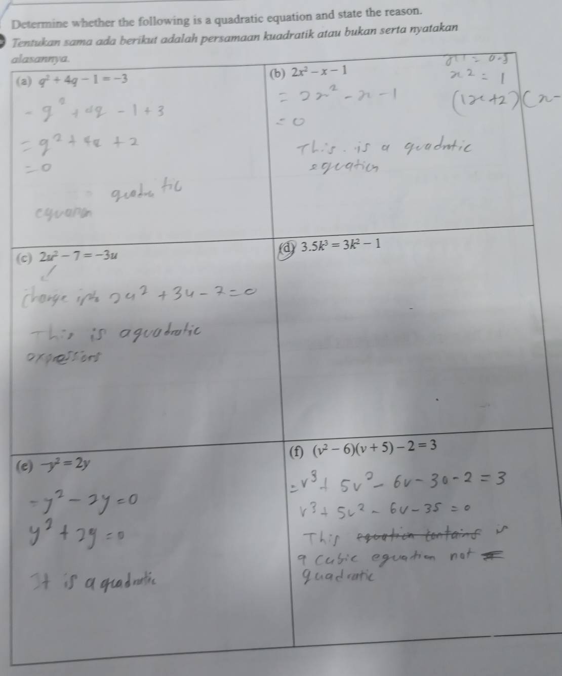 Determine whether the following is a quadratic equation and state the reason.
Tentik atau bukan serta nyatakan
alas
(a)
(c)
(e)